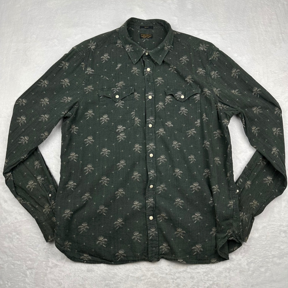 AllSaints Spitalfields Men's L Slim Fit Western Snap Shirt Green Tribal Print